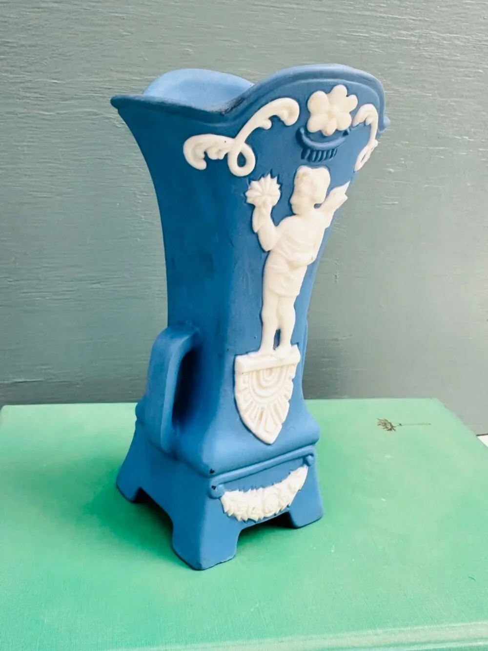 Vintage Jasperware Blue and White Bisque Porcelain Cherub Vase, Wedgwood Blue - Picture 2 of 11